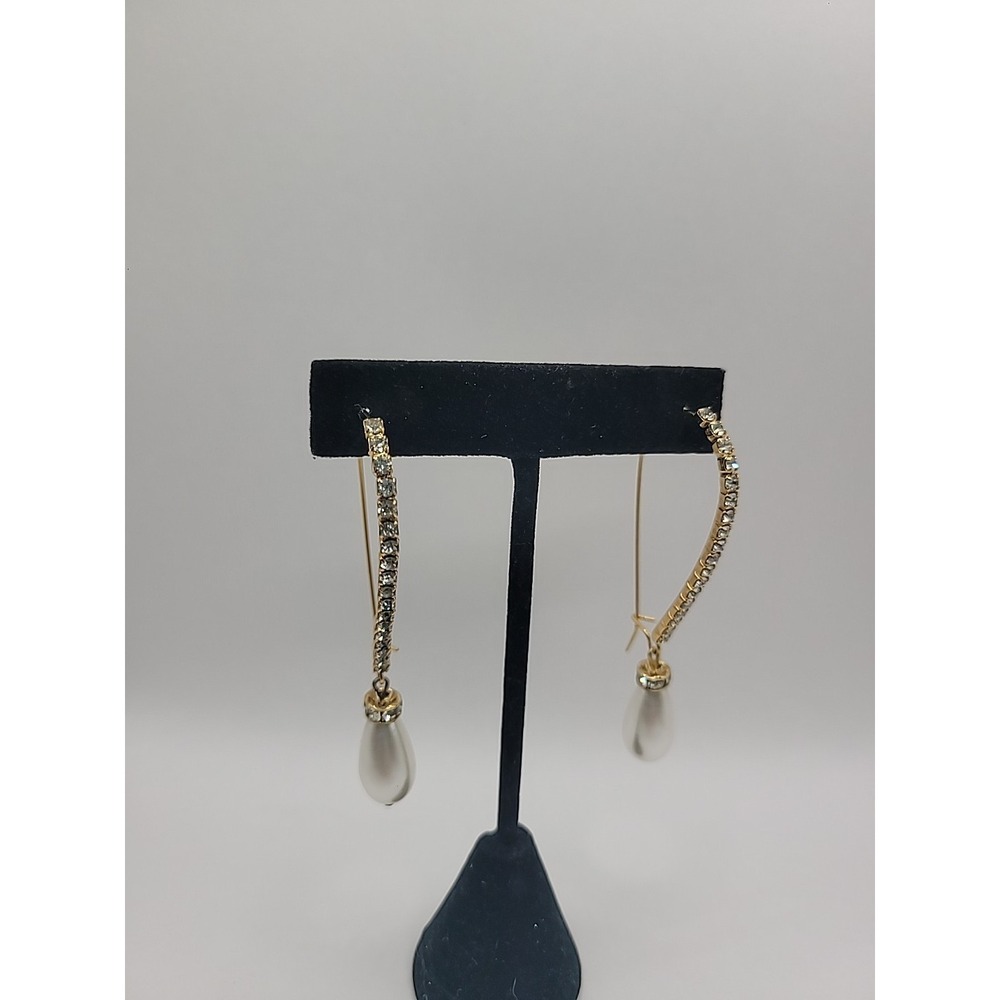 Gold Tone Rhinestone Hoop Earrings Faux Pearl Teardrop Dangle Elegant Wedding